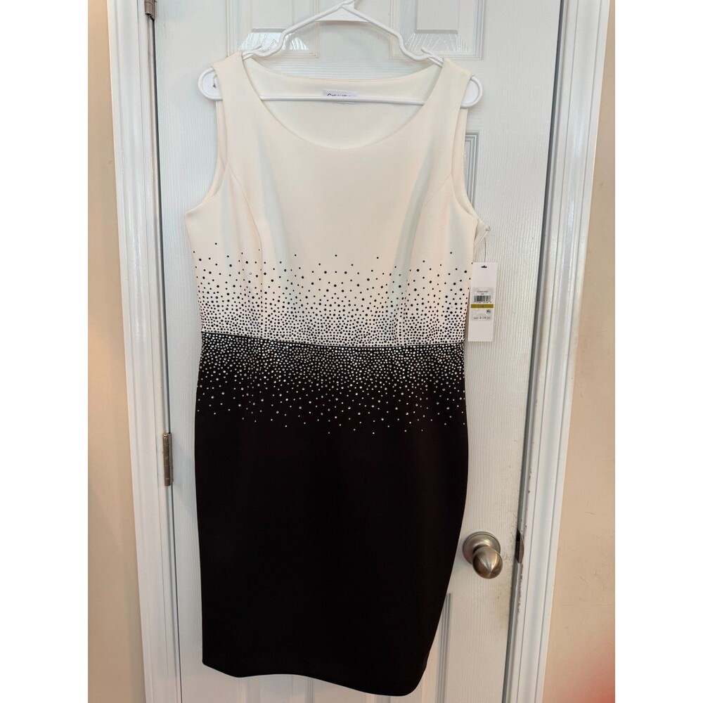 Calvin Klein Crystal Black White Sheath Dress Knee Length Sleeveless NWT Sz 14 - Picture 3 of 11